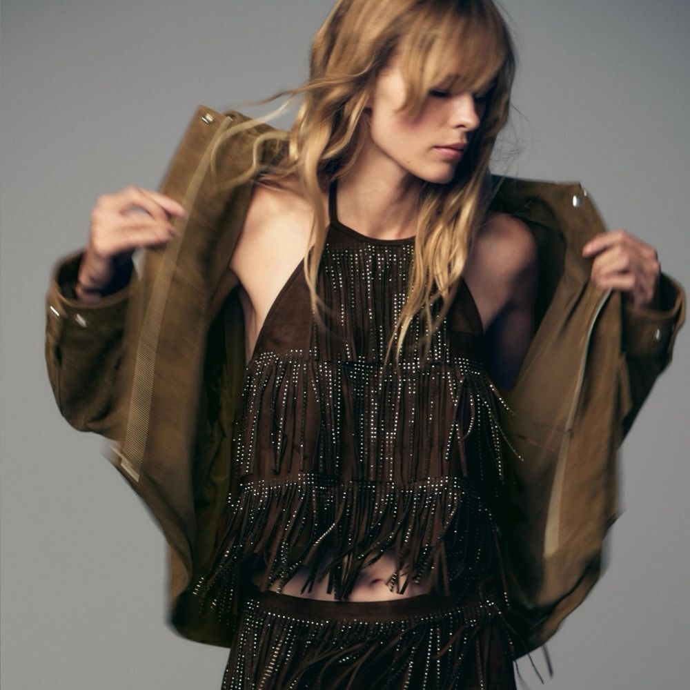 ZARA SHIMMER SUEDE FRINGE TOP